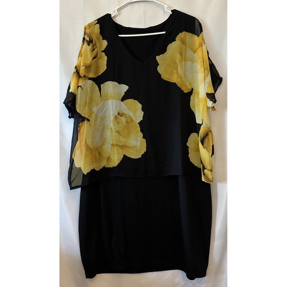Women's Black Sheath Dress With Yellow Floral Chiffon Overlay Cold Shoulder XL